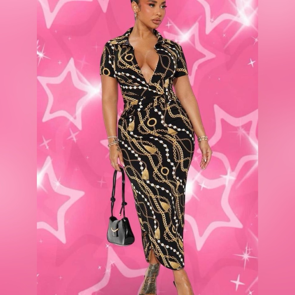 Black Chain-Print Wrap Maxi Dress